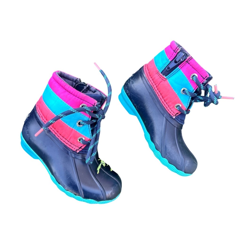 Sperry Toddler Girl Saltwater Duck Boots Size 7 Navy Pink Teal Rubber Shoes